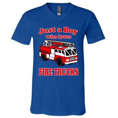 Just A Who Loves Firetruck And Firefighter Fire Gift V-Neck T-Shirt