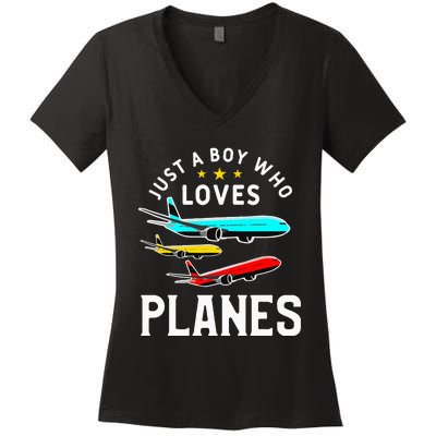 Just A Who Loves Planes Funny Pilot Flying Airplane Women's V-Neck T-Shirt