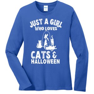 Just A Who Loves Cats And Halloween For Cat Lover Cool Gift Ladies Long Sleeve Shirt