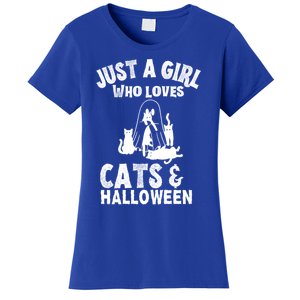 Just A Who Loves Cats And Halloween For Cat Lover Cool Gift Women's T-Shirt