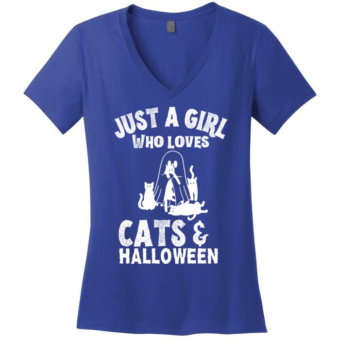 Just A Who Loves Cats And Halloween For Cat Lover Cool Gift Women's V-Neck T-Shirt