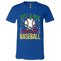 Just A Who Loves Baseball Christmas Lights Snowflakes Gift V-Neck T-Shirt