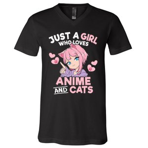 Just A Who Loves Anime And Cats Cute Otaku Manga V-Neck T-Shirt