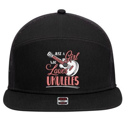 Just A Who Loves Ukuleles Ukulele Gift 7 Panel Mesh Trucker Snapback Hat