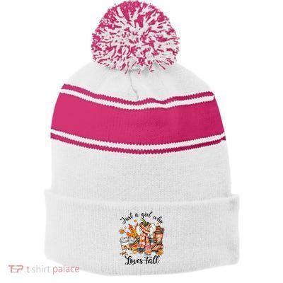 Just A Who Loves Fall Pumpkin Spice Autumn Stripe Pom Pom Beanie