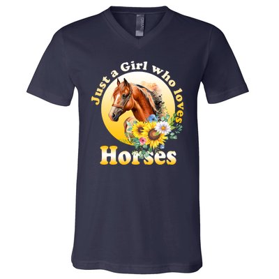 Just AGirl Who Loves Horses Sunflower Cute Gift V-Neck T-Shirt