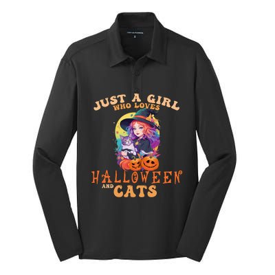 Just A Who Loves Halloween And Cats Spooky Fall Pumpkin Gift Silk Touch Performance Long Sleeve Polo