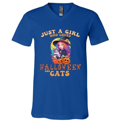 Just A Who Loves Halloween And Cats Spooky Fall Pumpkin Gift V-Neck T-Shirt