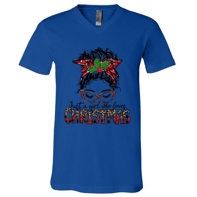 Just A Who Loves Christmas Messy Bun Family Pajamas Funny Gift V-Neck T-Shirt