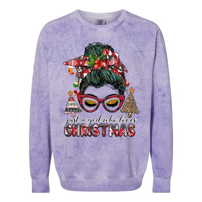 Just A Who Loves Christmas Messy Bun Buffalo Gift Colorblast Crewneck Sweatshirt