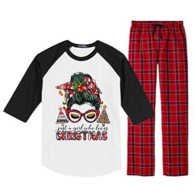 Just A Who Loves Christmas Messy Bun Buffalo Gift Raglan Sleeve Pajama Set