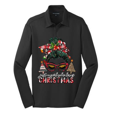 Just A Who Loves Christmas Messy Bun Buffalo Gift Silk Touch Performance Long Sleeve Polo