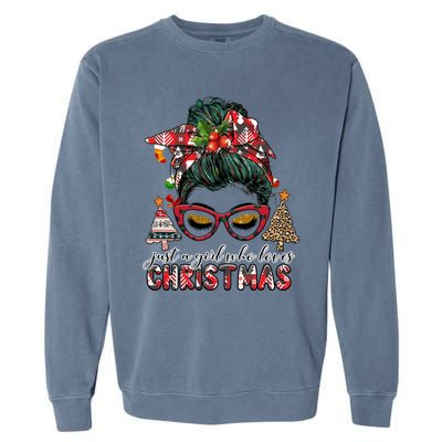 Just A Who Loves Christmas Messy Bun Buffalo Gift Garment-Dyed Sweatshirt