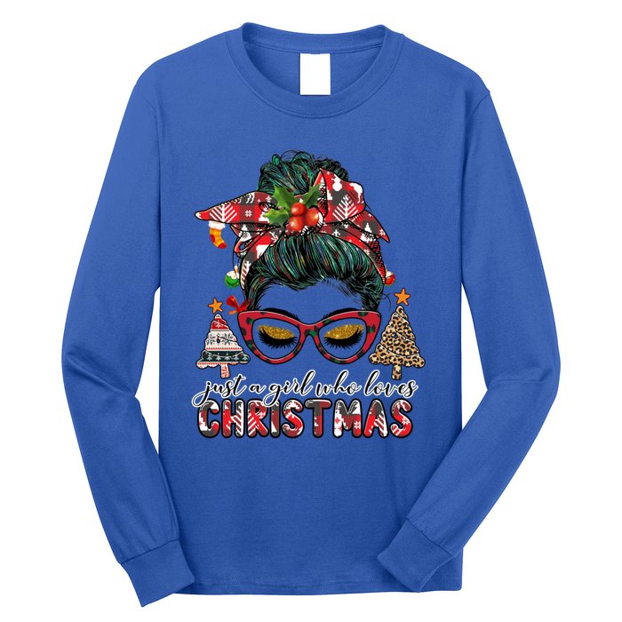 Just A Who Loves Christmas Messy Bun Buffalo Gift Long Sleeve Shirt