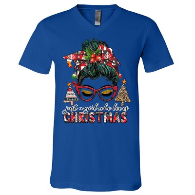 Just A Who Loves Christmas Messy Bun Buffalo Gift V-Neck T-Shirt