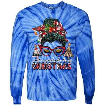 Just A Who Loves Christmas Messy Bun Buffalo Gift Tie-Dye Long Sleeve Shirt