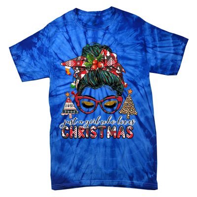 Just A Who Loves Christmas Messy Bun Buffalo Gift Tie-Dye T-Shirt