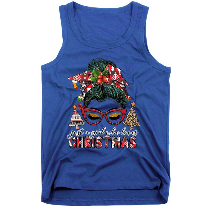 Just A Who Loves Christmas Messy Bun Buffalo Gift Tank Top