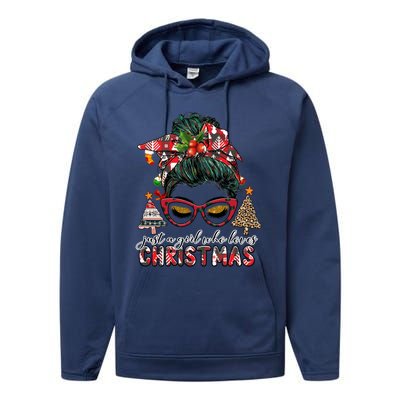 Just A Who Loves Christmas Messy Bun Buffalo Gift Performance Fleece Hoodie