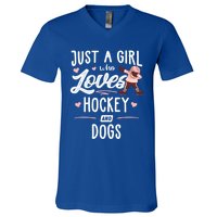 Just A Who Loves Hockey And Dogs Gift Great Gift V-Neck T-Shirt