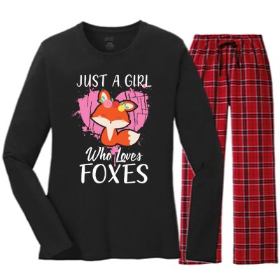 Just A Who Loves Foxes Pink Cute Heart And Fox Women's Long Sleeve Flannel Pajama Set 