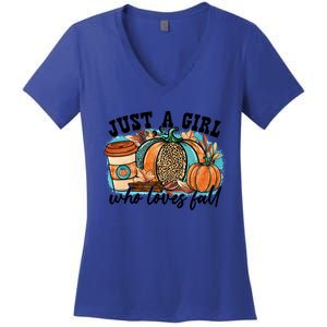 Just A Who Loves Fall Pumpkin Spice Leopard Coffee Cup Gift Women's V-Neck T-Shirt