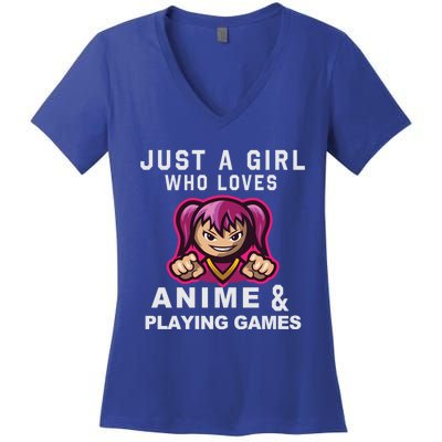 Just A Who Loves Anime And Playing Games Funny Gift Women's V-Neck T-Shirt