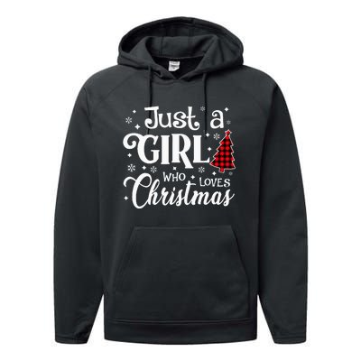 Just A who Loves Christmas Tree Xmas Buffalo Plaid Performance Fleece Hoodie