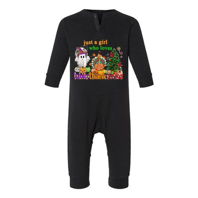 Just A Who Loves Hallothanksmas Happy Hallothanksmas Gift Infant Fleece One Piece