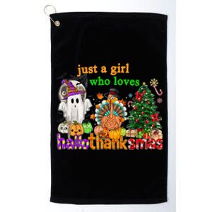 Just A Who Loves Hallothanksmas Happy Hallothanksmas Gift Platinum Collection Golf Towel