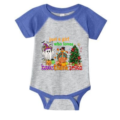 Just A Who Loves Hallothanksmas Happy Hallothanksmas Gift Infant Baby Jersey Bodysuit