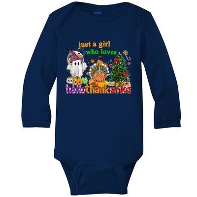 Just A Who Loves Hallothanksmas Happy Hallothanksmas Gift Baby Long Sleeve Bodysuit