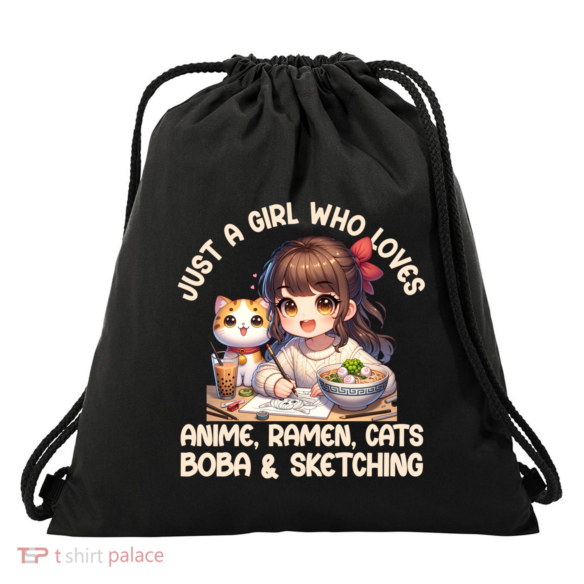 Just A Who Loves Anime Ra Cats Boba And Sketching Gift Drawstring Bag