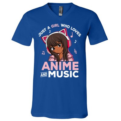 Just A Who Loves Anime And Music Black Anime Merch Meaningful Gift V-Neck T-Shirt