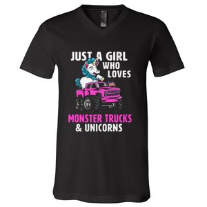 Just A Who Loves Monster Trucks And Unicorns Gift V-Neck T-Shirt