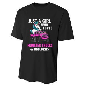 Just A Who Loves Monster Trucks And Unicorns Gift Performance Sprint T-Shirt