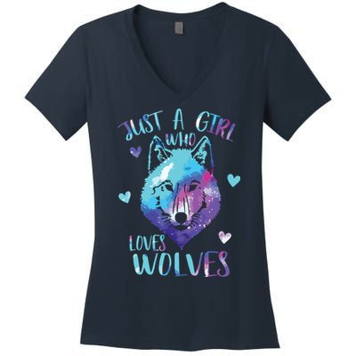 Just A Who Loves Wolves Themed Galaxy Space Wolf Lover Women's V-Neck T-Shirt