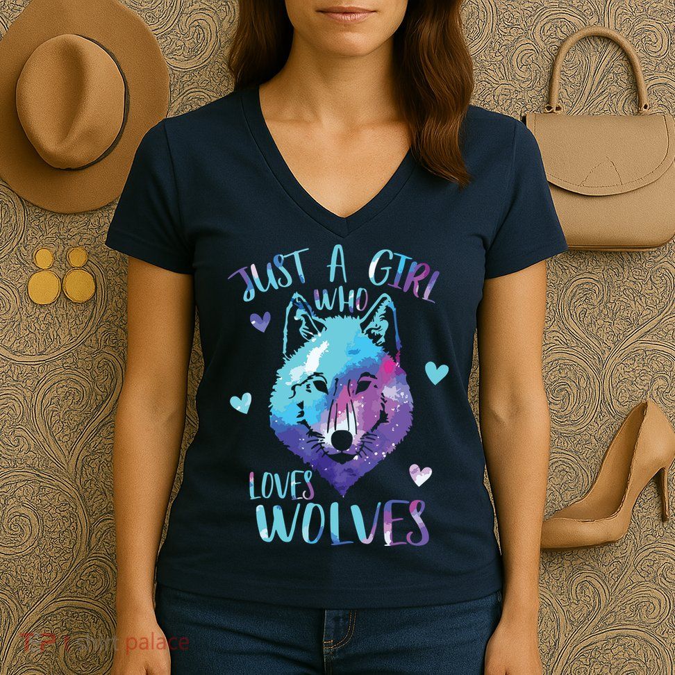 Just A Who Loves Wolves Themed Galaxy Space Wolf Lover Women's V-Neck T-Shirt