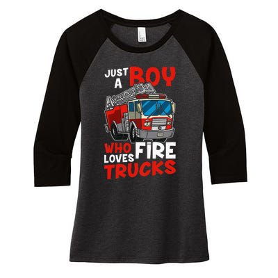 Just A  Who Loves Fire Trucks Women's Tri-Blend 3/4-Sleeve Raglan Shirt