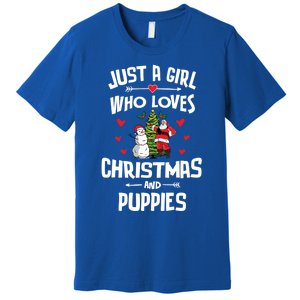 Just A Who Loves Christmas And Puppies Gift Meaningful Gift Premium T-Shirt