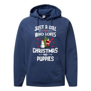 Just A Who Loves Christmas And Puppies Gift Meaningful Gift Performance Fleece Hoodie