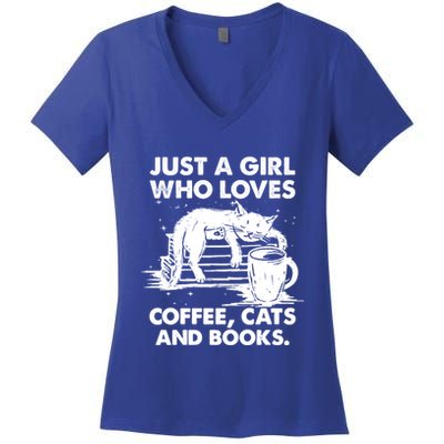 Just A Who Loves Coffee Cats And Books Gift Women's V-Neck T-Shirt