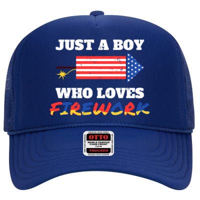 Just A Who Loves Firework Firecrackers 4th Of July Gift High Crown Mesh Back Trucker Hat