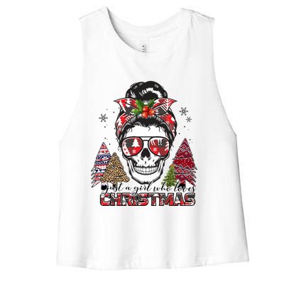 Just A Who Loves Christmas Messy Bun Red Buffalo Plaid Funny Gift Women's Racerback Cropped Tank