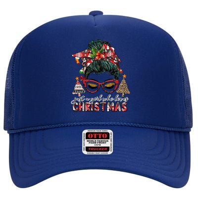 Just A Who Loves Christmas Messy Bun Xmas Plaid Cool Gift High Crown Mesh Back Trucker Hat