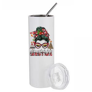 Just A Who Loves Christmas Messy Bun Xmas Plaid Cool Gift Stainless Steel Tumbler