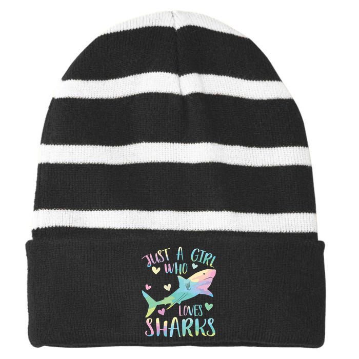 Just A Who Loves Sharks Cute Shark Lover Themed Striped Beanie with Solid Band