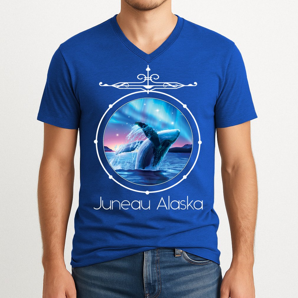 Juneau Alaska Whale Watching Aurora Borealis Souvenir Gift V-Neck T-Shirt