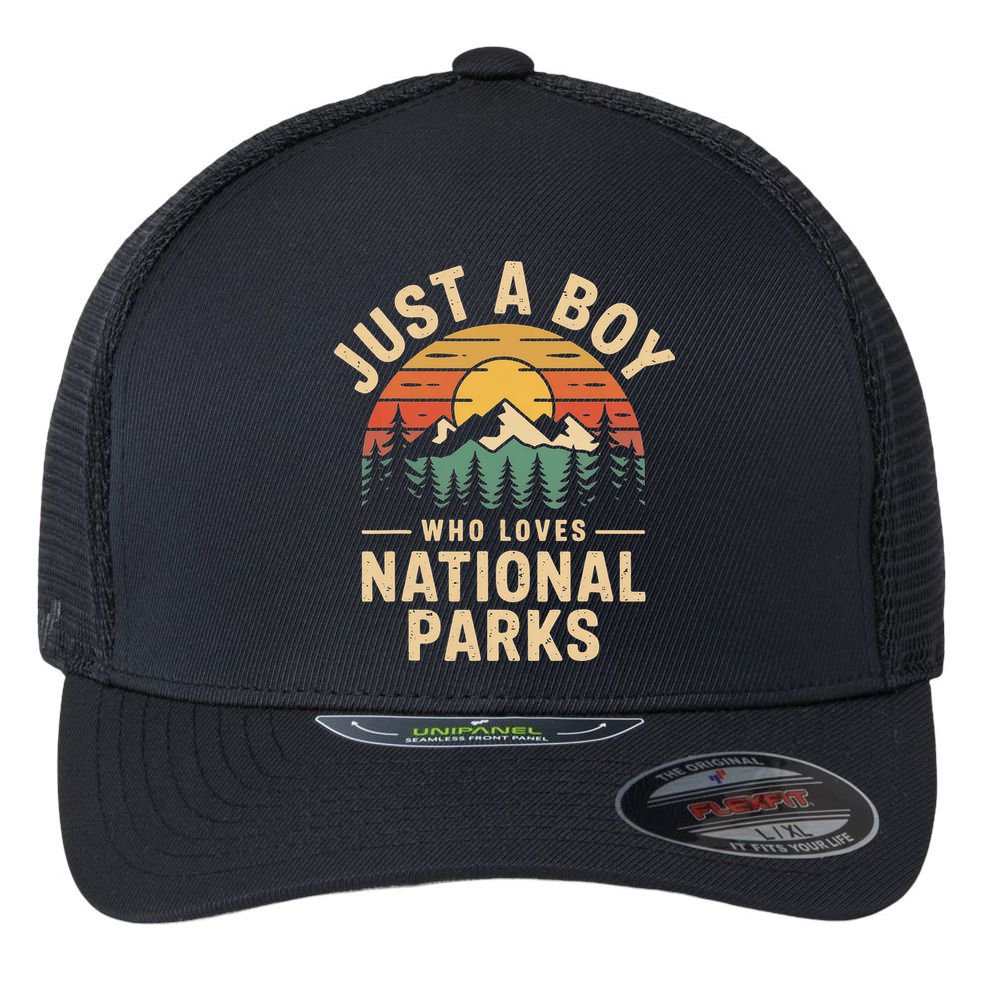 Just A Who Loves National Parks Retro Nature Vintage Flexfit Unipanel Trucker Cap