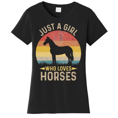 Just A Who Loves Her Horse Retro Sunset Silhouette Gift Women's T-Shirt